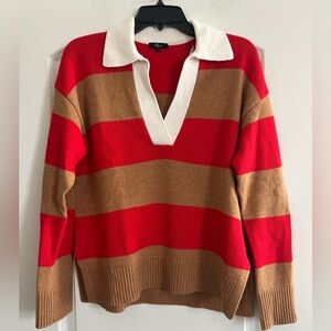 NWOT Rails Cashmere Wool Blend Red and Brown Striped Rugby V-Neck Sweater